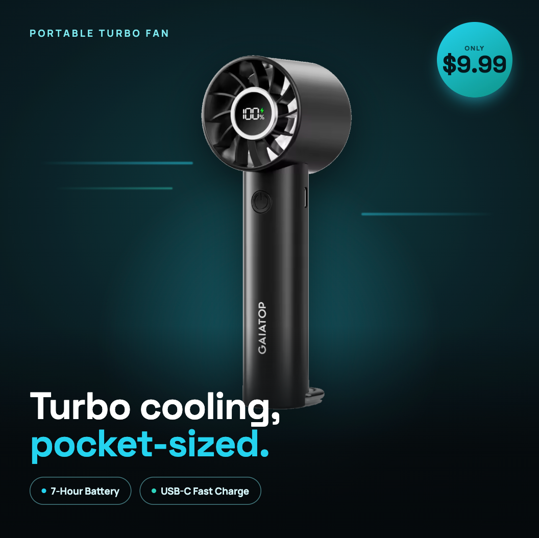 Portable Handheld Turbo Fan — 7-Hour Battery, 3 Speeds, USB-C