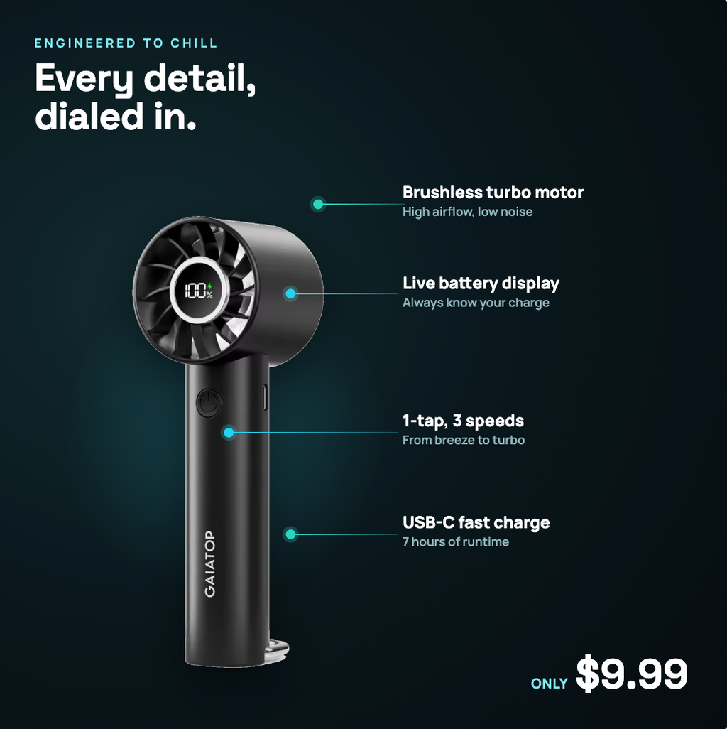 Portable Handheld Turbo Fan — 7-Hour Battery, 3 Speeds, USB-C