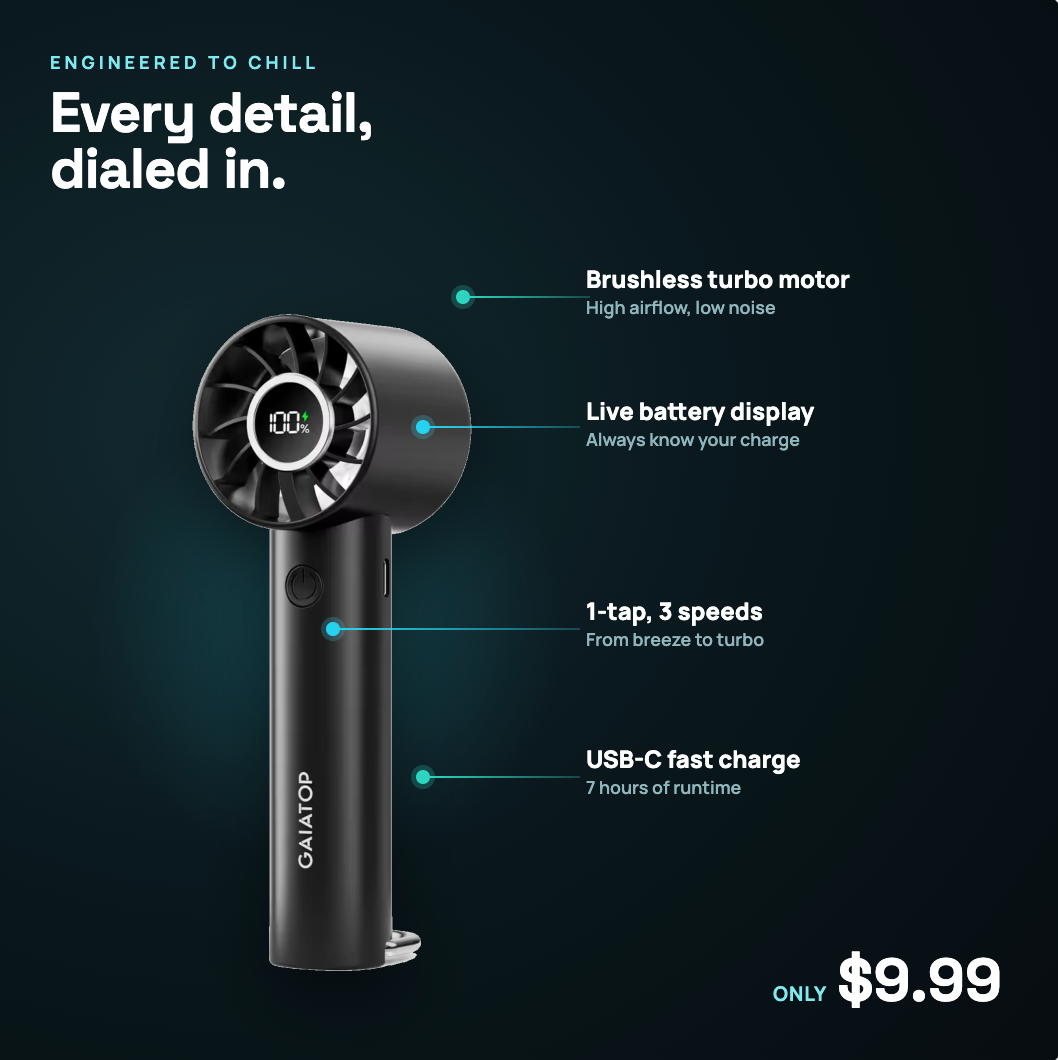 Portable Handheld Turbo Fan — 7-Hour Battery, 3 Speeds, USB-C
