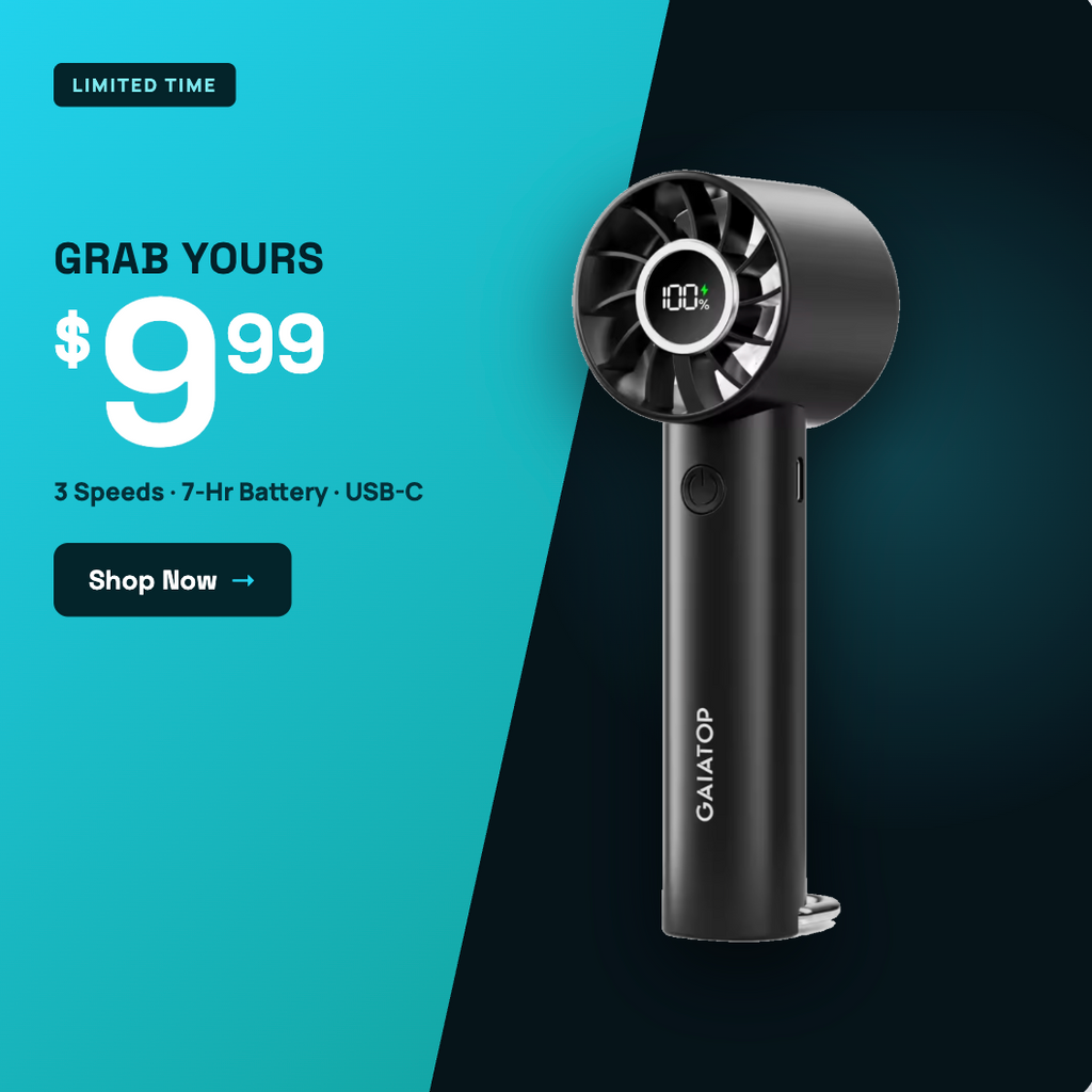 Portable Handheld Turbo Fan — 7-Hour Battery, 3 Speeds, USB-C