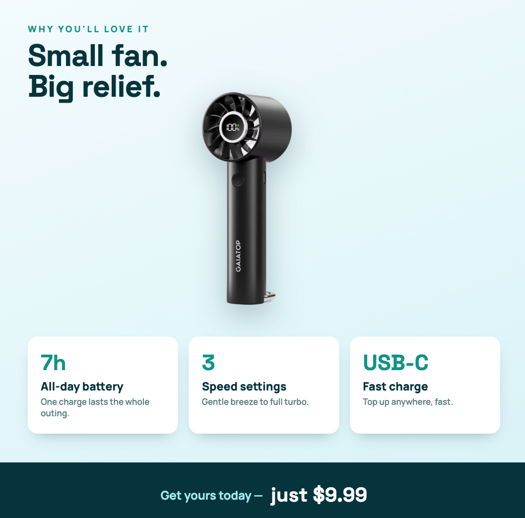 Portable Handheld Turbo Fan — 7-Hour Battery, 3 Speeds, USB-C